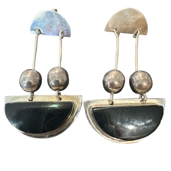 Taxco Jewelry - Vintage Taxco earrings sterling silver dangle pendulum onyx modernist